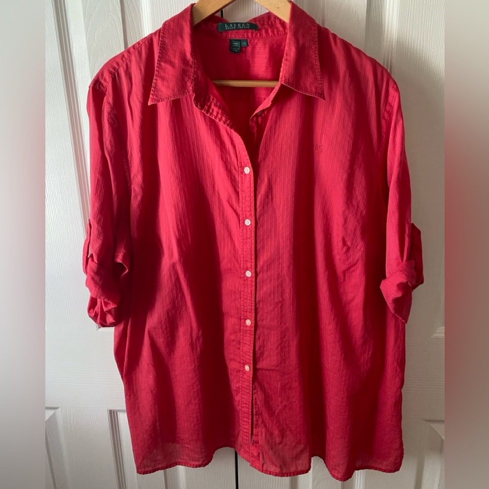 Lauren Ralph Lauren Watermelon Pink Tonal Stripe Roll-Tab Sleeve Top SZ 2X